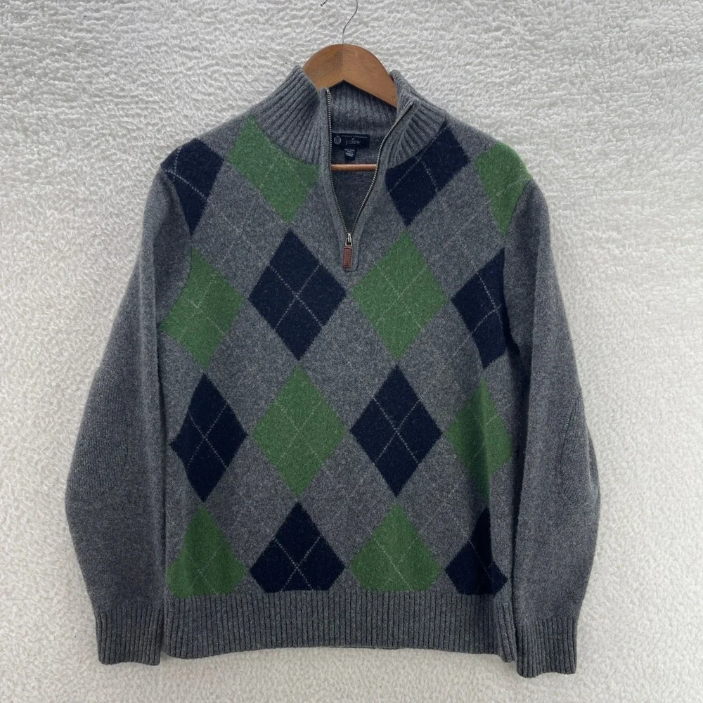 J. Crew Sweater Mens Small* Grey Argyle Lambswool Quarter Zip Luxury Preppy